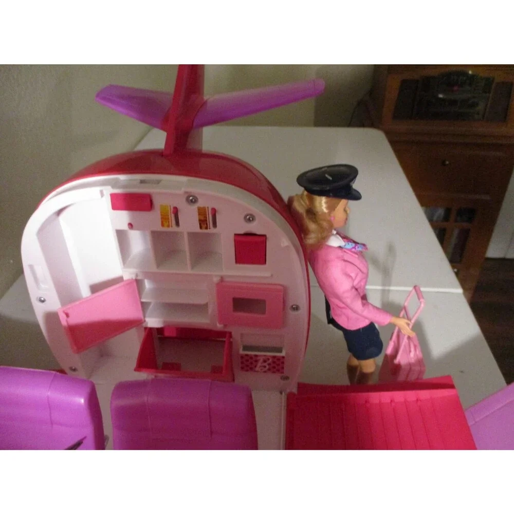 Barbie Pink Jumbo Jet With Accessories Plus Pilot & Stewardess Barbie Dolls